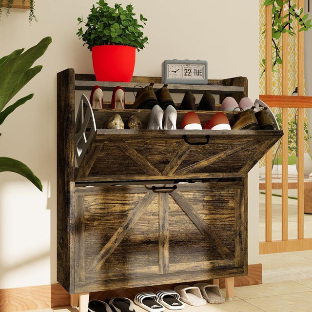 JOKOLO Shoe Cabinet Storage,Farmhouse Freestanding Organizer with 2 Flip Drawers and 4 Wooden feet,Narrow Shoe Rack Cabinet for Entryway,Rustic Brown