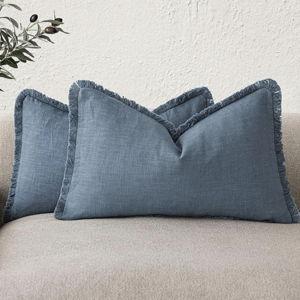 Foindtower Set of 2 Decorative Linen Fringe Lumbar Throw Pillow Covers Boho Farmhouse Cushion Cover with Tassels Soft Accent Pillowcase for Couch Sofa Bed Living Room Home Decor,12×20 Inch,Misty Blue
