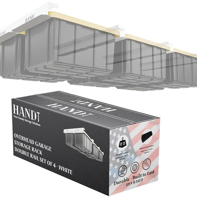 HANDT Overhead Garage Storage Rack, Connectable Heavy Duty Metal Ceiling Rails For Garage Storage Organization Shelving System, Hanging Racks For Tote Containers, Supports Up To 6 Bins, 4 Sets White