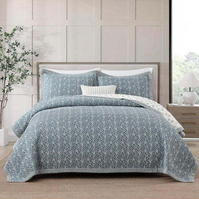 Uniclinens Quilt Set Queen Size, 100% Cotton Quilt Bedding Set Bedspreads, Botanical Pattern Quilt, Reversible Lightweight Quilted Comforter Set, 3pcs with 2 Pillowshams, Blue/White