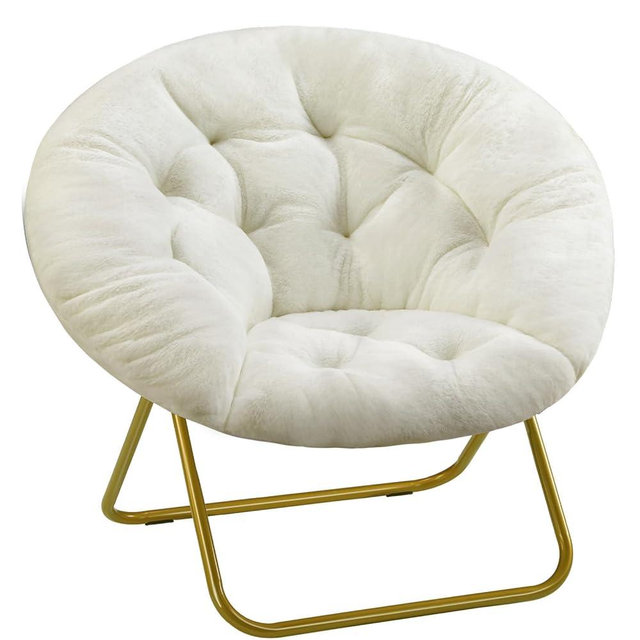 Sweetcrispy Comfy Saucer Chairs Faux Fur Lounge for Bedroom Living Room Flexible Folding Seating for Kids Teens Adults, Soft Padded and Metal Frame Modern for Home Office, X-Large White