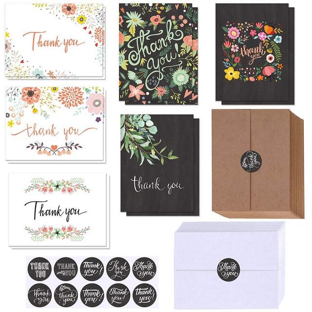 150 Sets Bulk Blank Thank You Cards with Envelopes Stickers Assortment 6 Design of Floral Watercolor Calligraphy Thank You Greeting Cards Note Cards for Wedding Bridal Baby Shower Thanksgiving Party