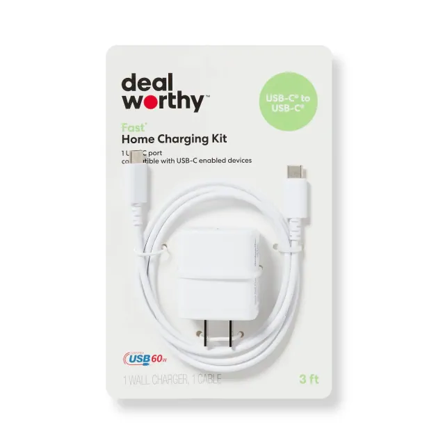 Single Port 20W USB-C Home Charger with 3' USB-C to USB-C Cable - dealworthy™ White: Wall Adapter & Cable
