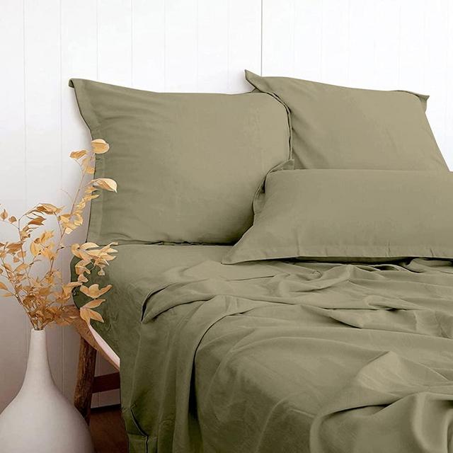 PANDATEX Olive Green Linen-Textured 55% Viscose from Bamboo 45% Cotton Sheets Set King Size, Soft Cool & Breathable Sheets for Hot Sleepers, Natural Organic Bed Sheets 16" Deep Pocket - 4 Piece