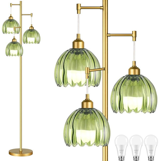 WLQCWL Vintage Floor Lamps for Living Room-3 Light Gold Floor Lamp with Three Bulbs & Glass Lampshape,Glass Mid Century Modern Standing Lamp Tree Tall Flower Floor Lamp for Bedroom Living Room,Corner