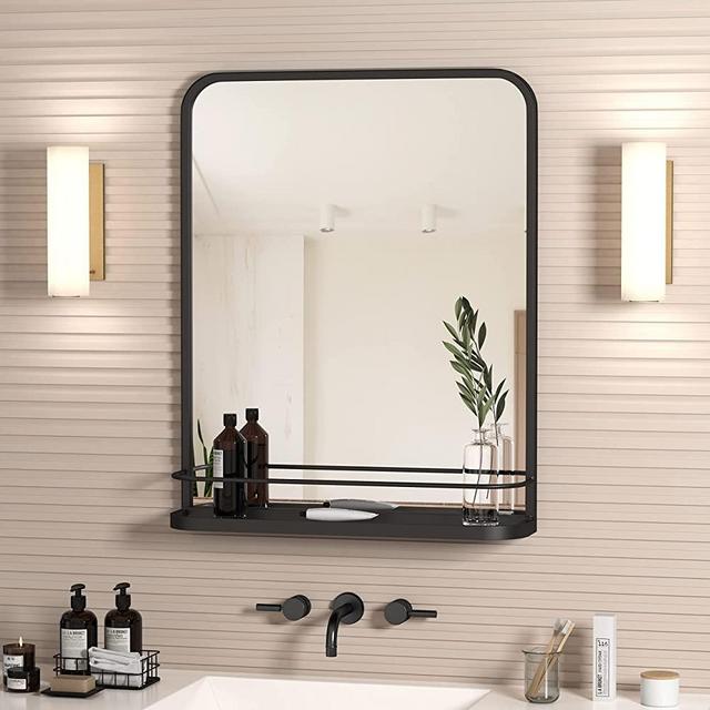 Black Farmhouse Bathroom Mirror with Shelf Vanity Mirror,Rectangle Metal Rounded Wall Mirror for Bathroom Living Room,Entryway 21.3" x 26.8"