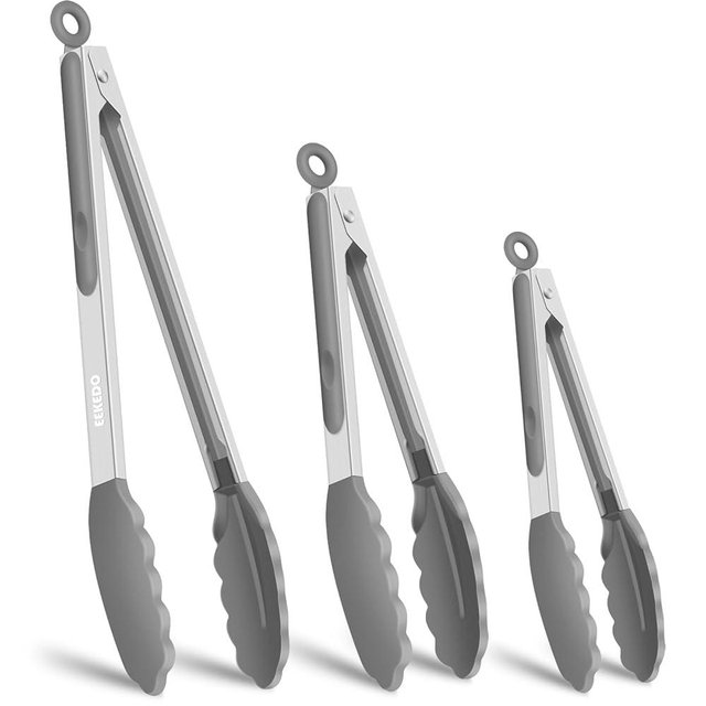 EEKEDO Kitchen Tongs, Stainless Steel Cooking Tongs with Silicone Tips, 600ºF High Heat-Resistant Non Scratch Locking Tongs for Cooking BBQ Grilling Air Fryer Pans, Set of 2 (7" 9" and 12") Light Grey
