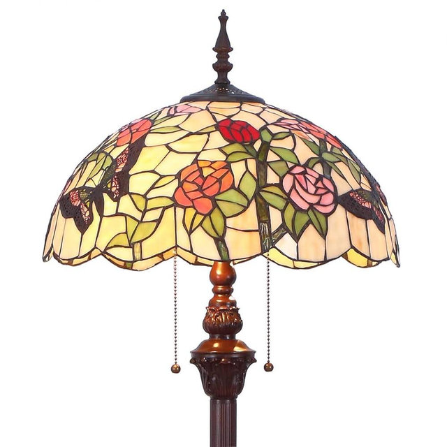 Bieye L11408 Butterfly Tiffany Style Stained Glass Floor Lamp with 16-inch Wide Handmade Lampshade Metal Base for Bedroom Living Room, 59-inch Tall