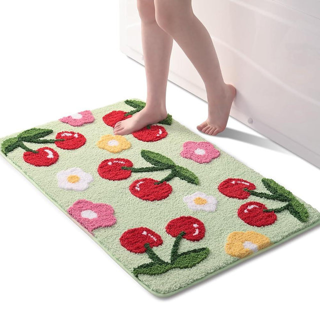 Anybar Green Bathroom Rugs Cute Cherry Bath Mat Coloful Bathroom Accessories, Funny Flower Rug Non Slip Floor Mat, Machine Washable Bath Rug Soft Microfiber Carpet for Shower, Tub (24x36 inch)