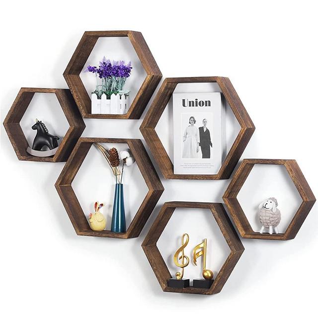 Hexagonal Floating Shelves Wall Mounted Set of 6 Wood Farmhouse Storage Honeycomb Wall Shelf for Bathroom, Kitchen, Bedroom, Living Room, Office,Driftwood Finish (Dark Brown)