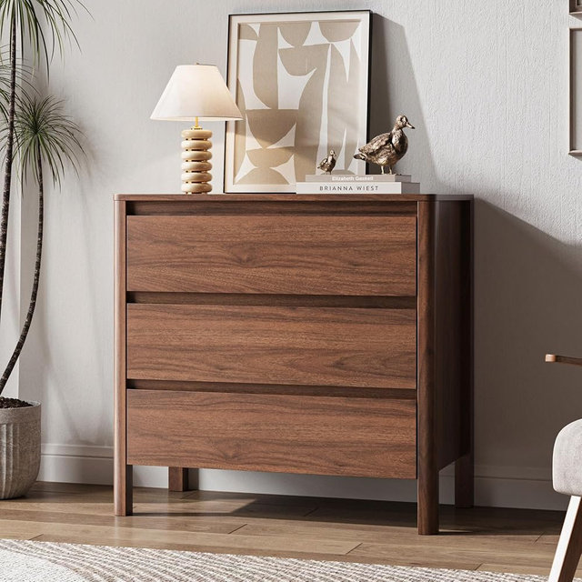 MAISONARIA Walnut Dresser for Bedroom, 31.4" Wide Dresser with 3 Drawers and Hidden Handles, Modern Wood Chest of Drawers for Clothes and Accessories, Stylish Storage Cabinet for Bebroom, Entryway