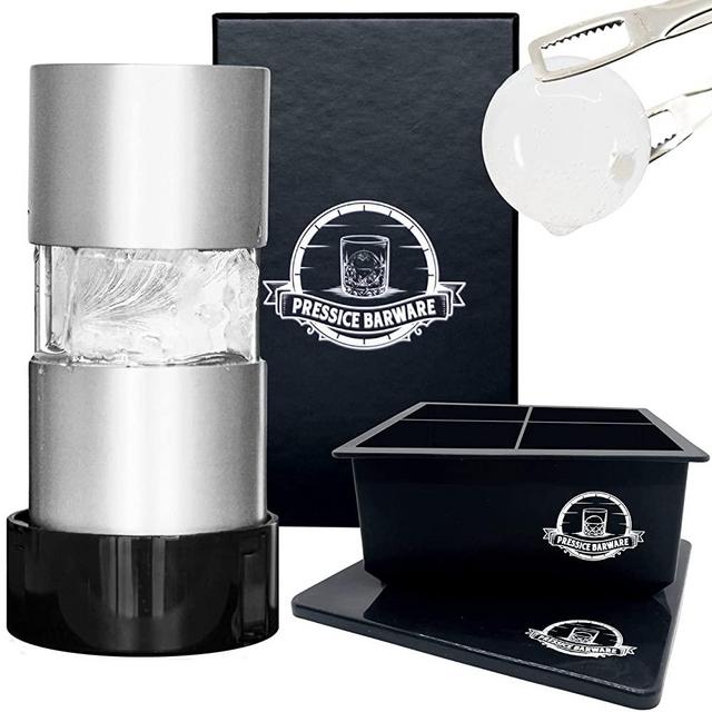Pressice Barware Ice Ball Press - Effortlessly Make Giant 2.3" Ice Balls - Includes Aircraft Grade Aluminum Ice Press and Ice Mold - Assembled in the US (Ice Press, Silver)