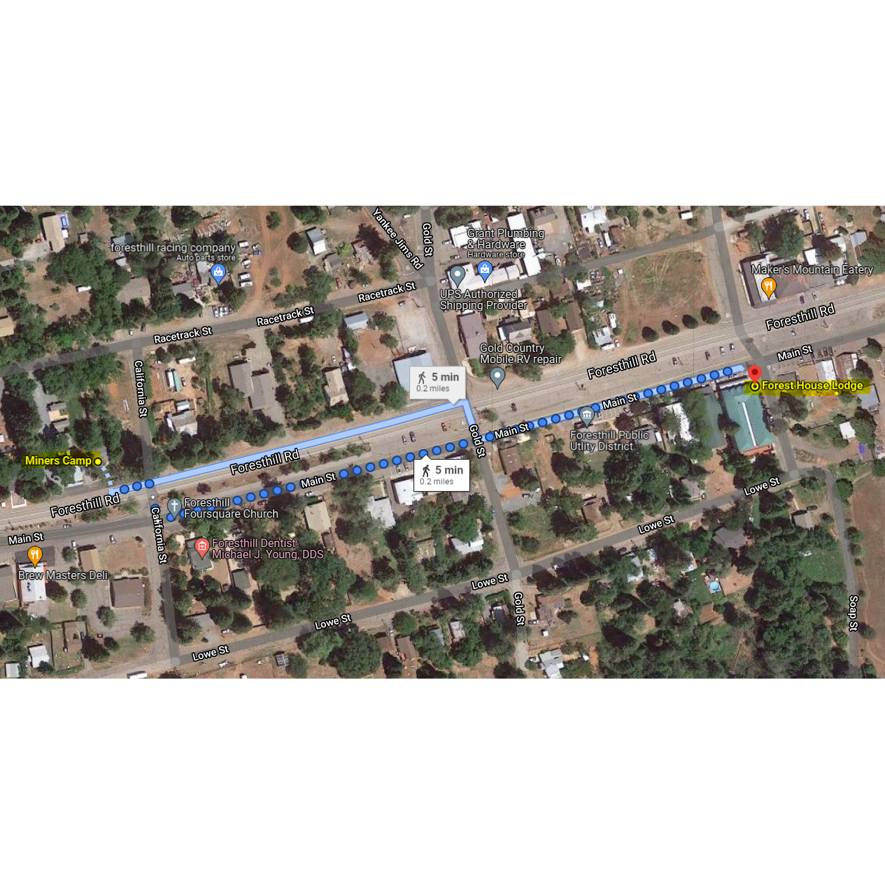 Map Overview - Miner's Camp on the Left, Forest House Lodge on the Right. Super quick walk or golf cart ride! (Groomsman Phil is bringing a 4-seat golf cart for Miner's Camp guests to use!)