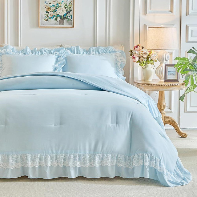 Joyreap King Size Comforter Set Blue, 3pcs Lace Ruffled Bedding Comforter Set, Microfiber Vintage Boho Chic Bedding Set for All Season- 100x88 inches