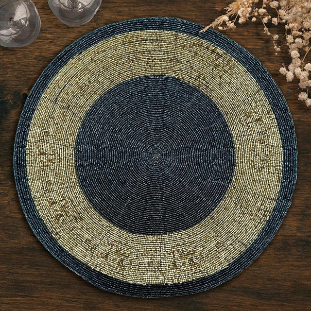 Decozen Round Placemats Set of 8-14 Inch Heat Resistant Farmhouse Rustic Beaded Placemats, Round Dining Table Place mats, Decorations for Home, Wedding, Dark Blue Gold, Christmas Placemats