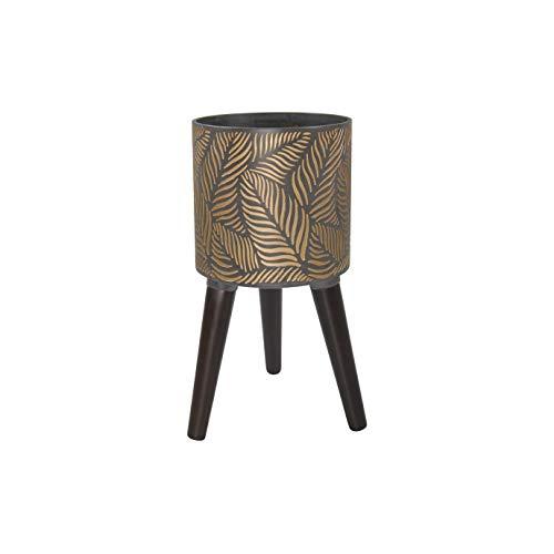 8 Inches Indoor Planter with Stand, 16 Inches Tall Gold Leaves Planter Pot for House Plants, Plant Pot with Mid-Century Finishing Wood Legs, Planter Pot with Drainage Hole and Plug - by D'vine Dev