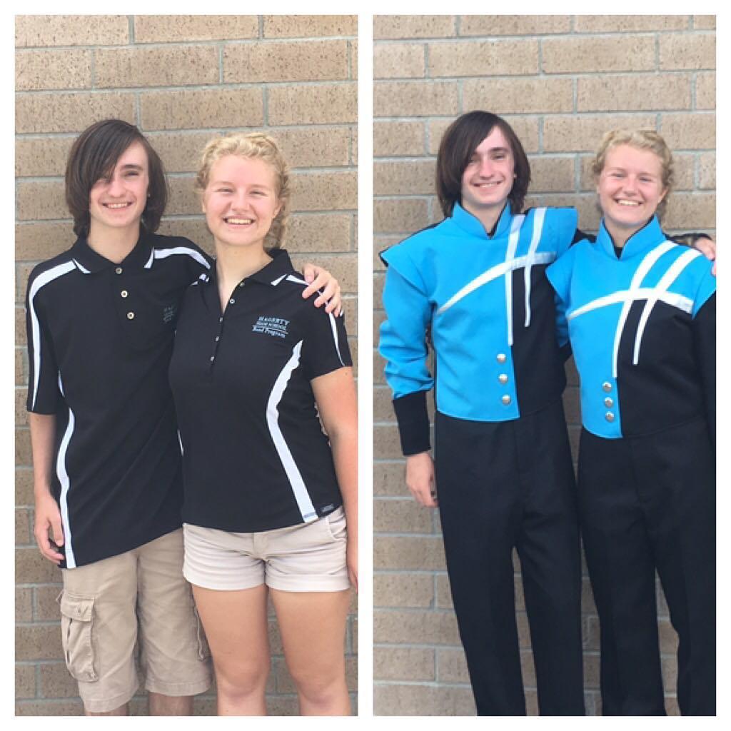 Us in our different band uniforms of the day of the Homecoming parade and game (look at that long hair!)