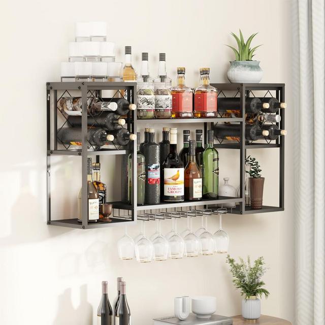 KaKaBB Metal Wall Mounted Wine Rack 2 Tier, Bar Shelves for Liquor Bottles with Glass Holder Storage, Floating Liquor Wall Shelf for Home Bar Kitchen Dining Room (Black)