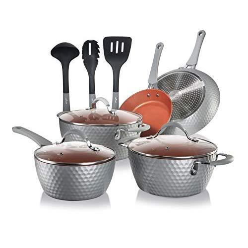 NutriChef NCCW11GD Nonstick Cookware Excilon |Home Kitchen Ware Pots & Pan Set with Saucepan Frying Pans, Cooking Pots, Lids, Utensil PTFE/PFOA/PFOS free, 11 Pcs, Gray