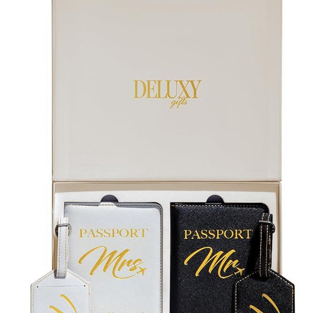 DELUXY Mr & Mrs Luggage Tags & Passport Holder Set-Customized Wedding Gifts, Bridal Shower Gifts, Engagement Gift for Couple, Couples Gifts (White Box, White Box)
