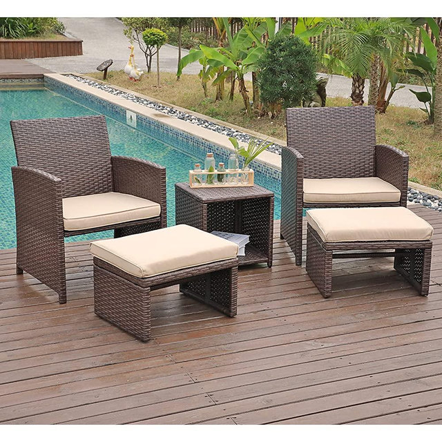OC Orange-Casual 5 Pcs Patio Conversation Set Balcony Furniture Set with Beige Cushions, Brown Wicker Chair with Ottoman, Storage Table for Backyard, Garden, Porch