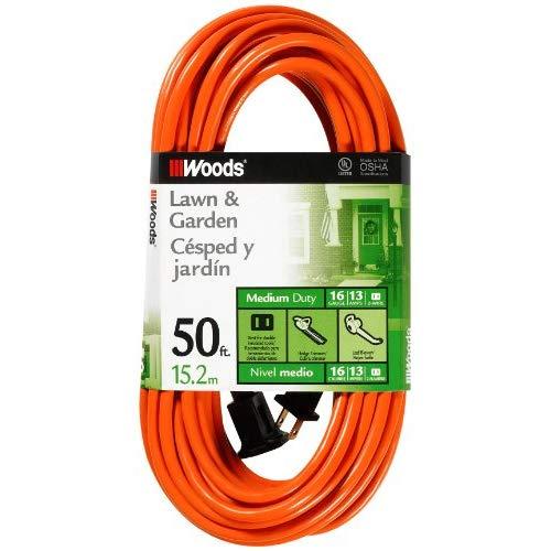Woods 0723 16/2 SJTW General Purpose Extension Cord, Medium Duty, Ideal for Landscaping and Powering Appliances, Water Resistant Flexible Vinyl Jacket, Durable Molded Plug, 50 Foot, Orange