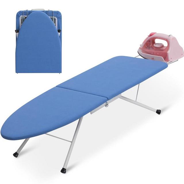 ALIMORDEN Small Tabletop Ironing Board with Iron Holder Compact Folding Ironing Board with Legs and Cover Pad Space Saver for Convenient Storage Traveling RVs and Campers Blue