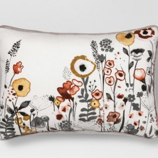 White Floral Watercolor Embroidered Lumbar Pillow - Threshold™