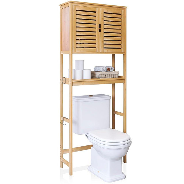 SMIBUY Bathroom Over The Toilet Storage Cabinet, 2 Door Bamboo Cabinet Organizer, Freestanding Space Saver Toilet Rack with Adjustable Inside Shelf and Open Shelf (Natural)