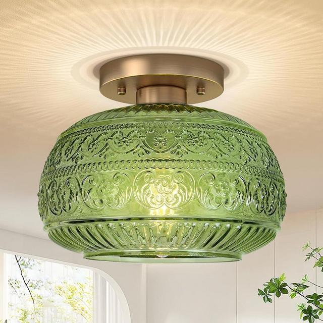 OYKYOHEI Semi Flush Mount Ceiling Light, Upgraded Modern Close to Ceiling Light Fixture with Green Glass,Gold Indoor Kitchen Lighting for Porch Corridor Hallway Bedroom, Bulb Not Included