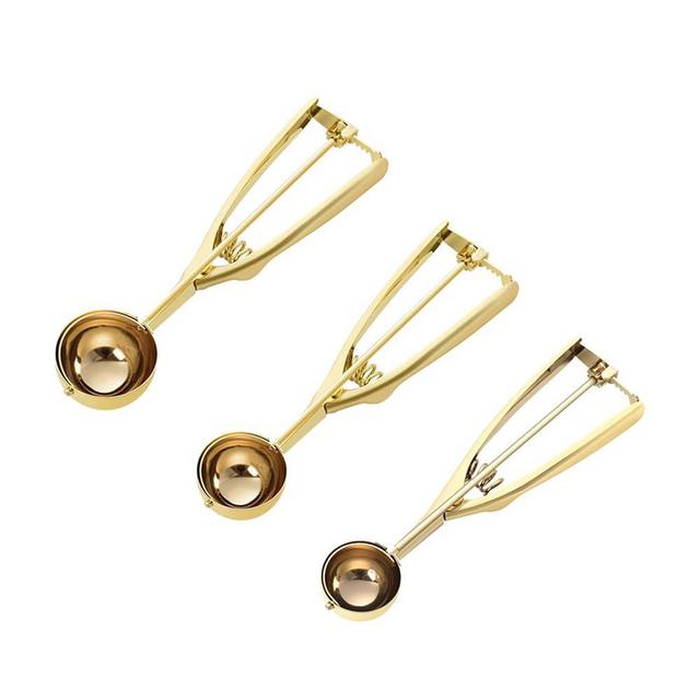 ZYHUI Gold Ice Cream Scoop Stainless Steel Cookie Scoops for Baking Melon Baller with Trigger 3 Sizes (Gold, S/M/L)