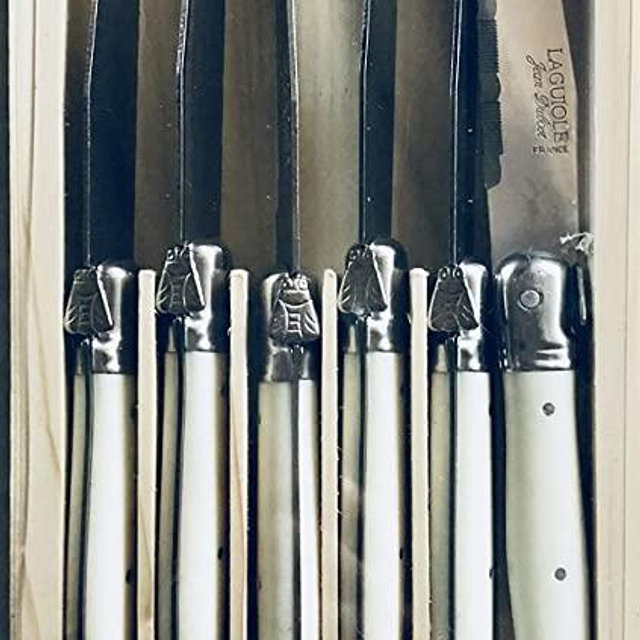 Jean Dubost Laguiole 6 Piece Steak Knife Set France Ivory White Handles