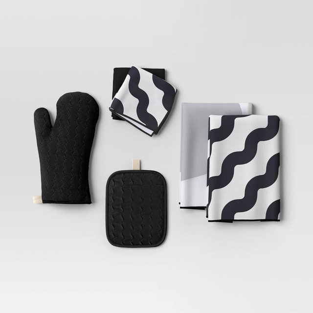 6pc Kitchen Textile Set Black/White - Room Essentials™