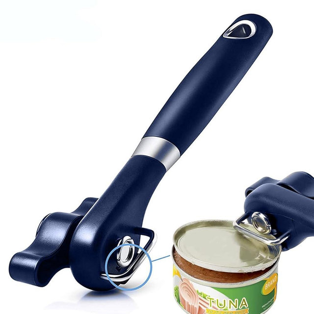 Safety Can Opener Smooth Edge, Side Cut Can Opener Manual with Durable Sharp Blade, Safe Cut Manual Can Opener with Non-Slip Rubber Knob, Safety Can Opener for Seniors with Arthritis (Navy Blue)