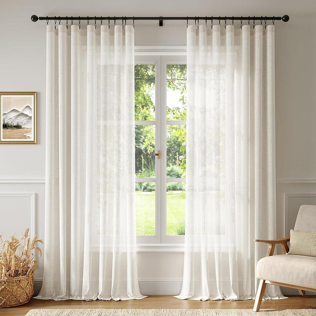 Anmao Natural Linen Curtains for Living Room 96 Inch Length 2 Panels Set, Light Filtering Semi Sheer Window Curtain Drapes for Bedroom with Curtain Rings and Clips, 52Wx96L, Ivory