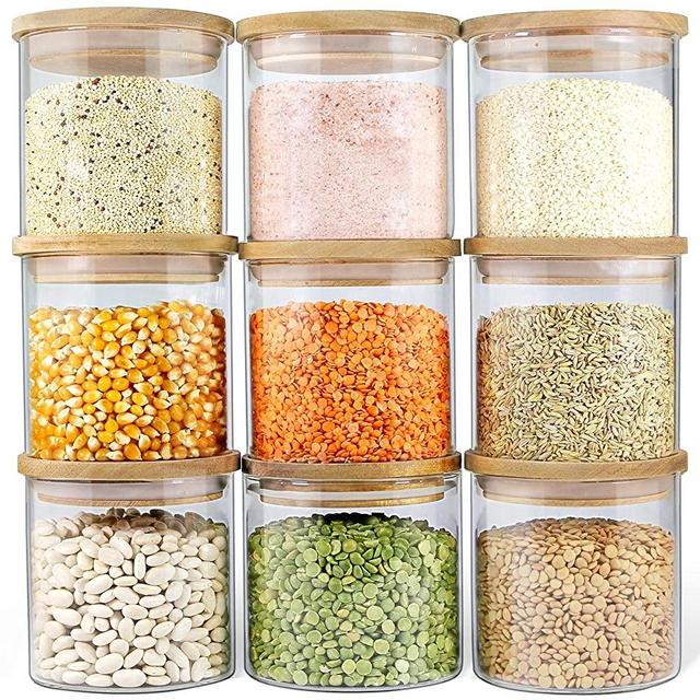 Glass Jars with Airtight Lids, Airtight Glass Canisters with Wood Lids, Glass Food Storage Containers with Lids, Glass Food Jars for Spice and Herbs (9 Pack of 16oz)
