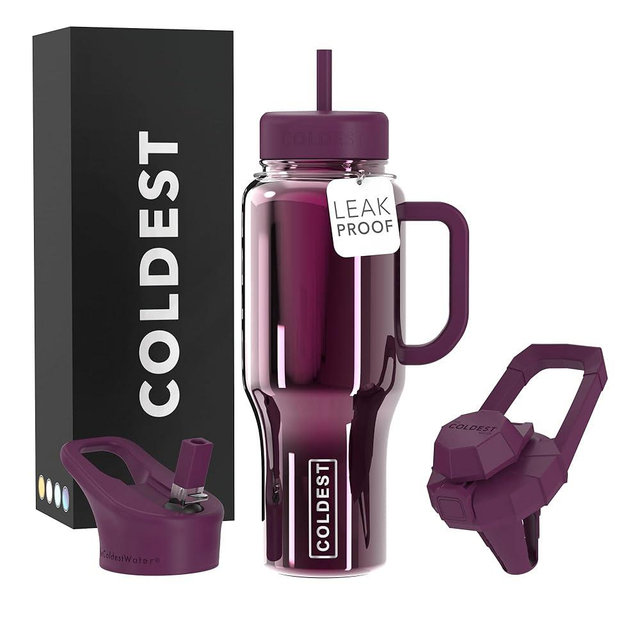 Coldest Tumbler with Handle and Straw, 100% Spill Proof Tumbler with Straw (3 Lids), Stainless Steel Insulated Leakproof Tumblers for Women Men, 36 oz (Purple Lantern Reflections)