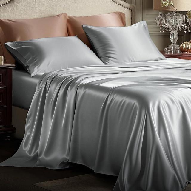 Bedsure Satin Sheets Full Size Bed Set - Luxury Silky Bed Sheet Set, Ultra Soft & Wrinkle Free, Good for Hair & Skin, Gifts for Women, 15 Inches Deep Pocket, 4-Piece (Full, Silver Grey)