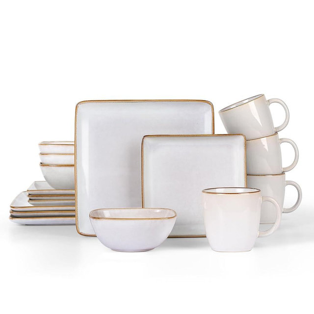 LIANYU 16 Piece Square Dinnerware Sets with Mugs, Stoneware Plates and Bowls Sets for 4, Ceramic Dishes Dishware Set for Kitchen Dining, Microwave & Dishwasher Safe, Pearl White
