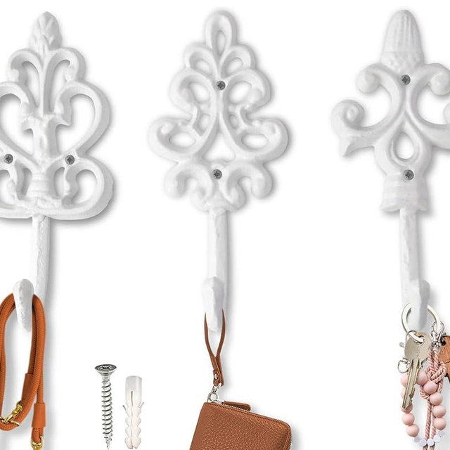 Comfify Shabby Chic Decorative Wall Hooks - Set of 3 - Cast Iron French Country Wall Decor - Farmhouse Hangers for Coats, Purses and More - Pure White