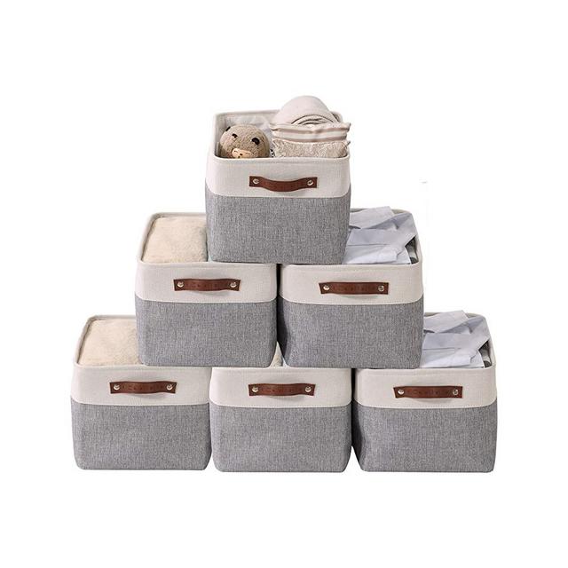 DECOMOMO Foldable Storage Bin Collapsible Sturdy Cationic Fabric Storage Basket Cube W/Handles for Organizing Shelf Nursery Home Closet (Grey and White, Large - 15 x 11 x 9.5-6 Pack)