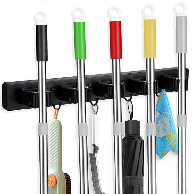 FunCee Broom Holder Wall Mount With 5 Slots & 4 Hooks，Rustic Wood Broom & Mop Hanger，Wall Mounted Garden & Garage Tool Storage Organizer Rack for Closet Laundry Room or Kitchen Wall Decor Black