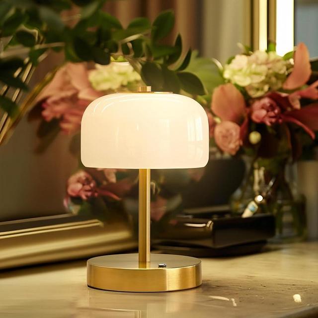 Oneach Portable Cordless Table Lamp, Rechargeable Battery Powered Lamp with Opal Glass Shade, 3-Way Dimmable LED Touch Mushroom Table Lamp for Bedroom, Bedside, Living Room, Dining Room, Patio, Gold