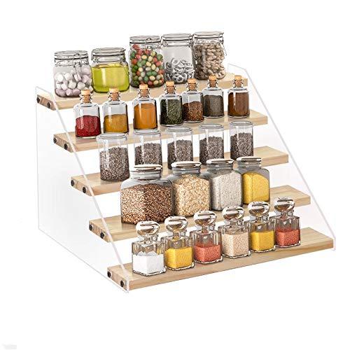 VAEHOLD Spice Rack Organizer for Countertop - Eco Friendly Seasoning Organizer Spice Shelf - Space Saving Wooden Display Risers Shelf Showcase Fixtures Jewelry (5 Tier)