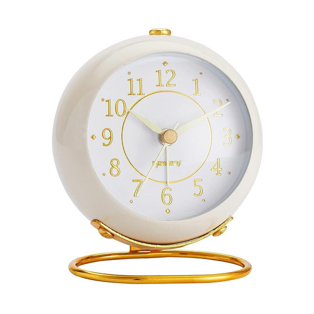 rjuwurv Metal Desk Clock, Retro Bedroom Table Vintage Analog Alarm Clock, Silent Non-Ticking Gold Clock, Bedside Décor(Milk White)