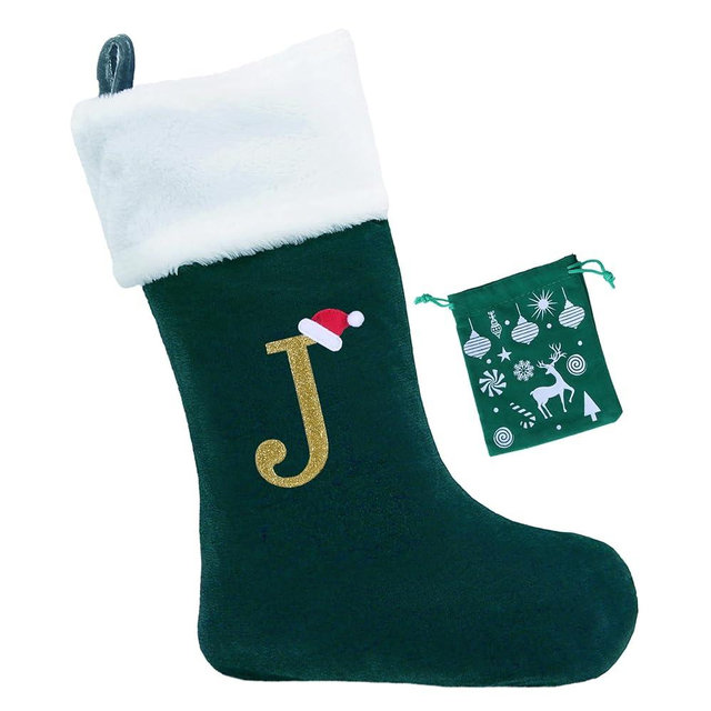 EHJYO 20 Inches Monogram Christmas Stockings with Letters Large Super Soft Christmas Stockings, Green Velvet with White Plush Cuff Embroidered Xmas Stocking for Christmas Family Decor Letter J