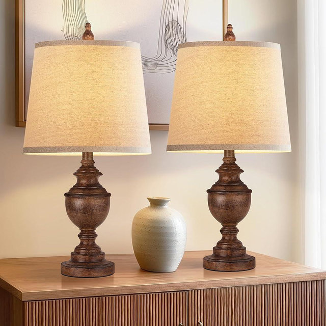 PARTPHONER Retro Table Lamps Set of 2, Bedside Lamp for Bedroom Rustic Farmhouse Table Lamps for Living Room, Vintage Nightstand Lamps with White Shades, Wood Grain