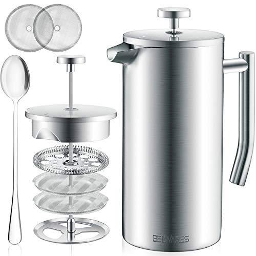 Large French Press Coffee Maker - Double Wall 304 Stainless Steel - 4 Level Filtration System with 2 Extra Filters, Silver, 50oz (1.5L)