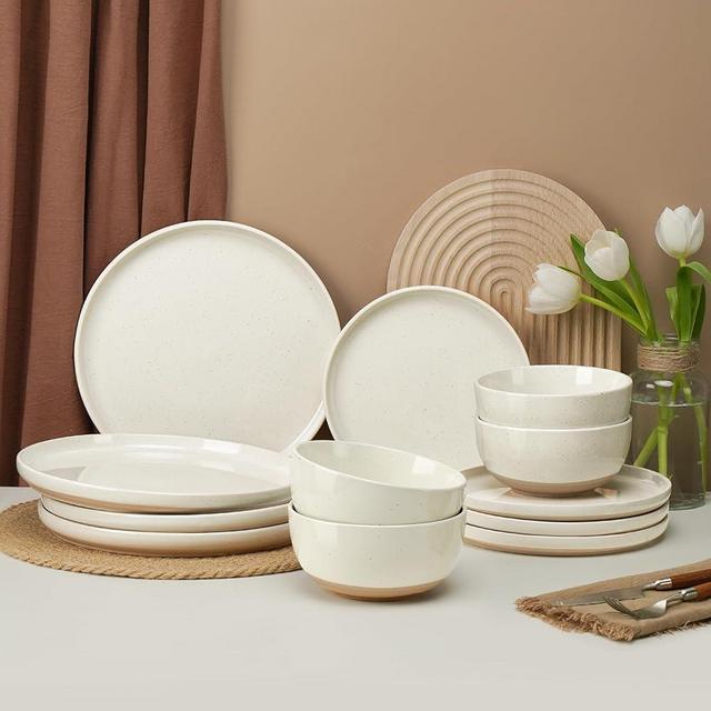 12 Pieces Farmhouse Stoneware Dinnerware Set for 4, Speckled Ceramic Plates and Bowls Set, Matte Terracotta Underside Ceramic Dish Set Scratch Resistant Microwave Dishwasher Safe (Amber Dusk)