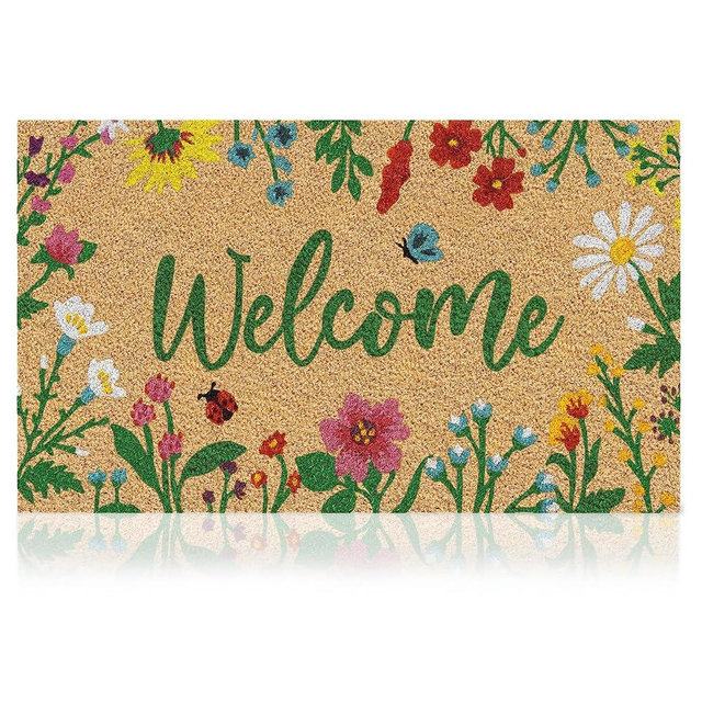 Floral - 17"x29" - Coir Door Mat with Heavy Duty Backing - Welcome Mats for Entryway, Porch - Anti-Slip PVC & Coconut Fiber Surface -Natural Home Accessories,Minimalist Original Design